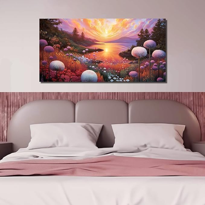 Sunset Panoramic Canvas Wall Art, Purple Floral Meadow & Green Tree Landscape with Gold Accents Picture for Living Room Bedroom Wall Decor, Print Painting Artwork Decoration, Large Size 58x29 Inches