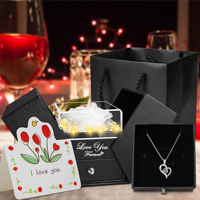 Preserved White Real Rose Eternal Flowers Rose Gifts for Mom Grandma Wife Girlfriend Gifts for Her Christmas Birthday Anniversary with I Love You Necklace