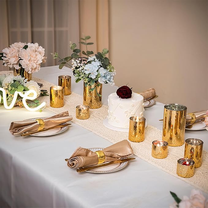CHILL RECIPE Gold Cylinder Vases Glass Candle Holders Bulk, Mercury Hurricane Candle Holder Small Flower Vases for Centerpieces Tea Light Pillar Votive Candles Wedding Decor Party (8 Set 24Pcs)