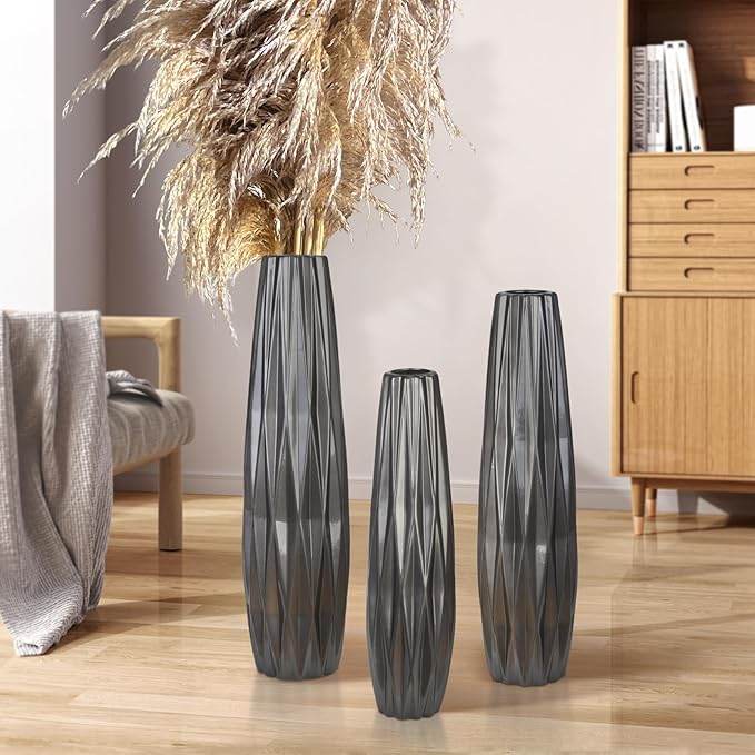 Silvery Ceramic Tall Floor Vase,28 Inch Large Modern Flower Vases for Home Décor,Wicker Big Floor Vases Decorations for Farmhouse, Living Room,Bedroom,Standing Plastic Vase Decorative Tall