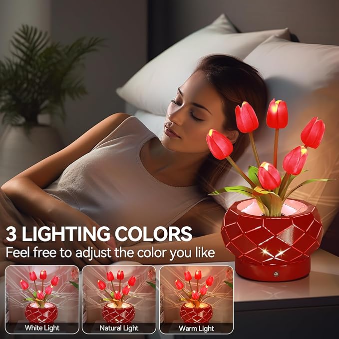 Birthday Gifts for Women,Red Tulips Flower Home Decor Touch Table Lamp,3-Colour Dimming Rechargeable Cordless Small Night Light for Festival Housewarming Gifts for Mom