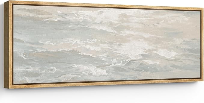 SIGNFORD Large Framed Canvas Print Wall Art Ocean Waves Minimalist Coastal Seascape in Soft Neutral Tones Illustrations Modern Art Relax/Calm Warm for Living Room, Bedroom, Office - 60"x20"