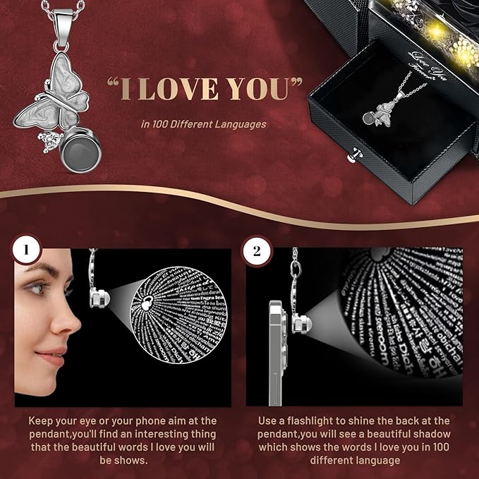 DRTINA Preserved Black Real Rose with I Love You Butterfly Necklace-Eternal Flowers Rose Birthday Gifts for Women Wife Mom Girlfriend Grandma on Mothers Day Valentines Anniversary Christmas Romantic
