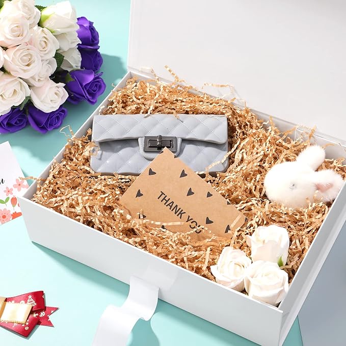 GREEN BEAN 6 Large Gift Boxes with Lids for Present 13x9.7x3.4 Inches, White Magnetic Gift Box with Ribbon, Bridesmaid Proposal Boxes, Luxury Gift Boxes (Glossy White)