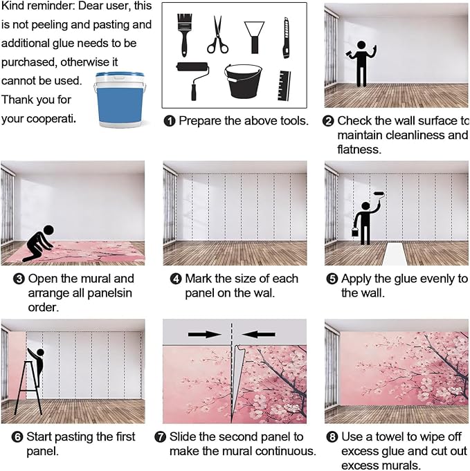 Pink Cherry Blossom Wall Mural, Romantic Cherry Blossom 3D Wall Murals, Japanese Flower Wallpaper Mural, for Living Room Bedroom Large Wallpaper Indoor Decor 118" W x 82.6 "H