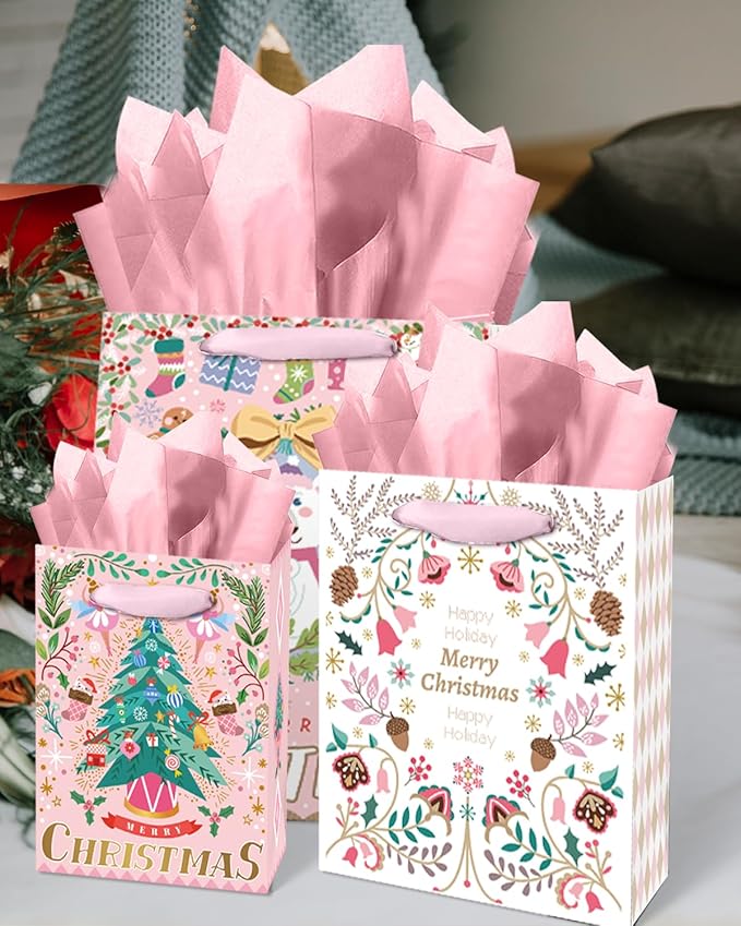 qiqee 10PCS Christmas White Gift Bags with Pink Polar Bear Design(2PCS Large 5.5"x10.2"x13", 4PCS Medium 4.3"x 7.7"x 9.6", 4PCS Small 2.4"x 4.7"x 6.3", 30PCS Tissue Paper included)