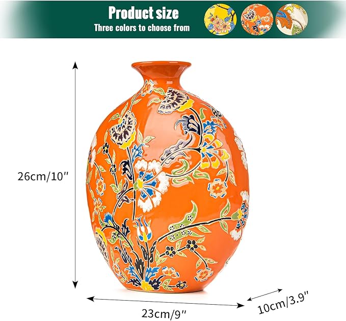 Sungmor High-Class Enamel Painted Porcelain Vase, Traditional Hand-Carved Overglaze Color Ceramic Vase for Fresh Flowers Dried Plants Arrangement, Decorative Vase for Centerpieces, Shelf, Living Room