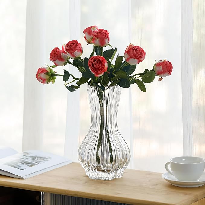 10" Decorative Modern Flower Vase for Floral Arrangements, Large Elegant Clear Glass Vase for Bouquet(Transparent) (Clear, 01)