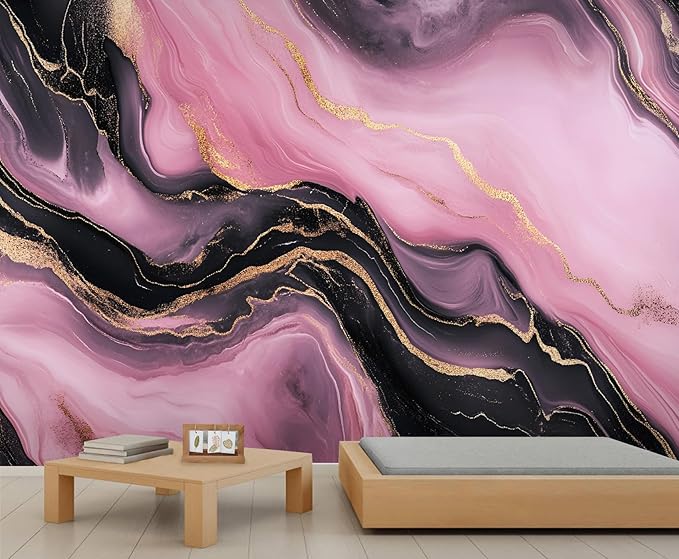 Pink Black Marble Wall Mural, Luxury Fluid Art 3D Wall Murals, Gold Vein Abstract Marble Wallpaper Mural, for Living Room Bedroom Large Wallpaper Indoor Decor 177.16" W x120 H