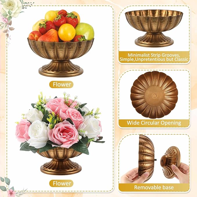 1 Pcs Metal Compote Bowl for Centerpiece Flower Holder Small Compote Vase Indoor Outdoor Flowers Fruits Plant for Christmas Wedding Home Party Decoration (Medium,Gold Bronze)