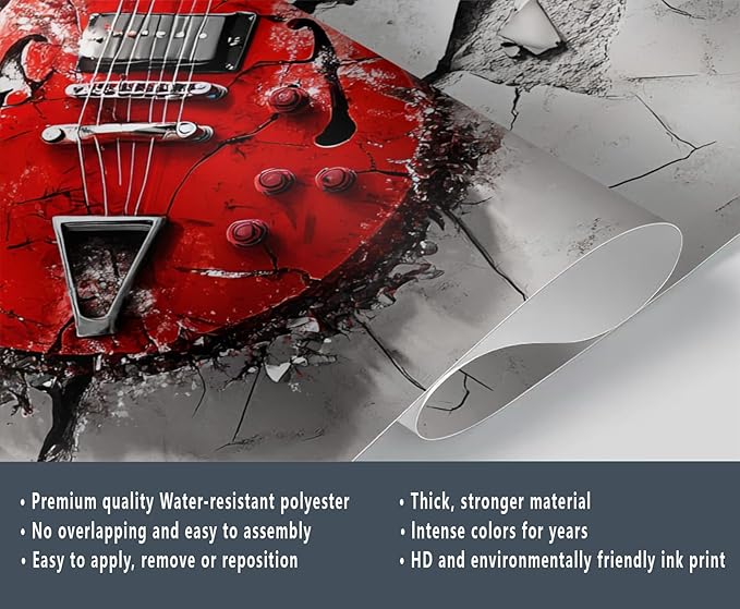 Red Electric Guitar Wall Mural, Grunge Style Guitar 3D Wall Murals, Rock Music 3D Explosion Wallpaper Mural, for Living Room Bedroom Large Wallpaper Indoor Decor 157.5" W x110.3 H