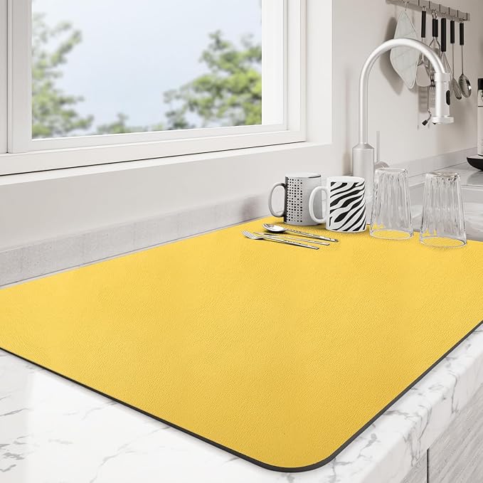 Dish Drying Mat for Kitchen Counter | Coffee Bar Mat for Countertops | Heat Resistant Drainer Mat with Non-slip Rubber Backed | Hide Stain Kitchen Absorbent Draining Mat | Yellow 18"x24"