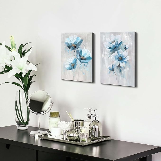 Flower Abstract Canvas Wall Art: 2 Pieces Teal Floral Prints Artwork Vintage Turquoise Bouquet Botanical Painting Picture for Bedroom Living Room Bathroom Home Office