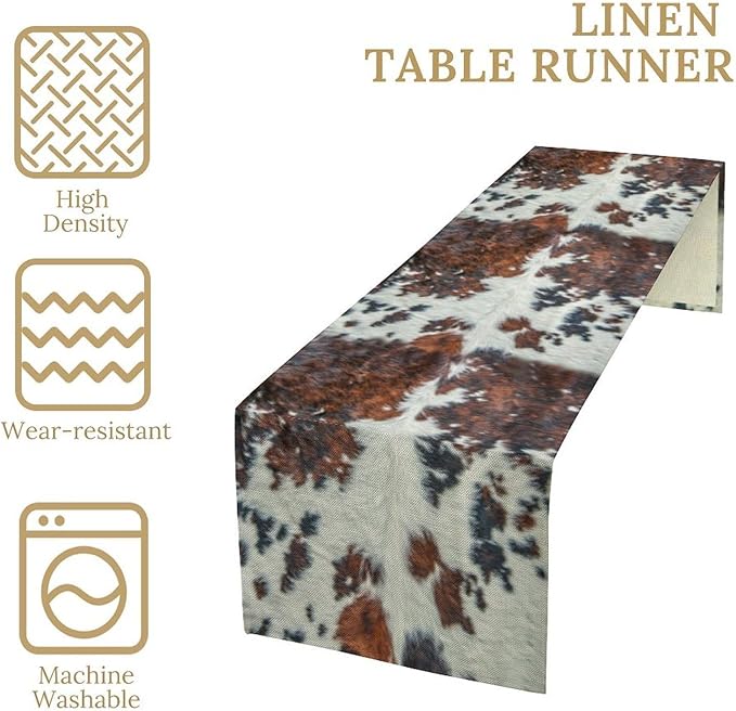 Cow Print Table Runner, Brown Cowhide Print Western Style Table Runner Country Farmhouse Cottage Cow Patten Table Decoration for Home Kitchen Dining, 13x108 in