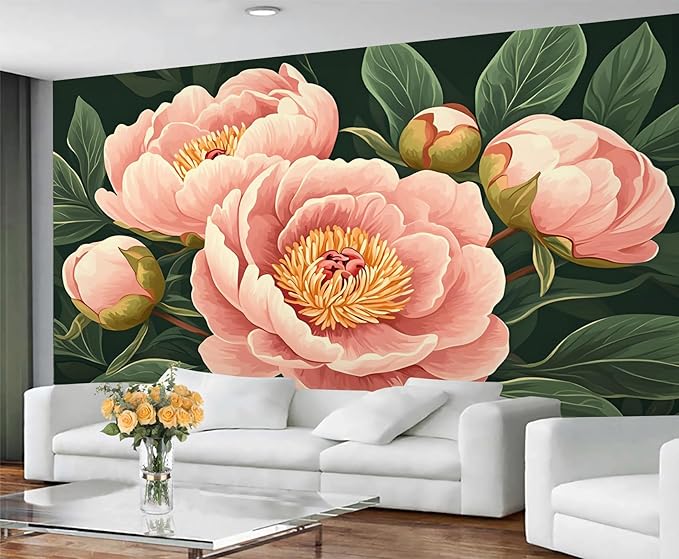 KIREUPA Peony Flower Wall Mural, Retro Pink Peony Flower 3d Wall Murals, Romantic Garden Theme Wallpaper Mural, for Living Room Bedroom Large Wallpaper Indoor Decor 59" W x39.4 H