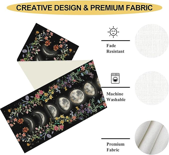 Boho Floral Table Runner, Spring Gothic Moon Phase Wildflower Mystical Witchy Farmhouse Coffee Table Center Decor for Home Kitchen Dining Patio Holiday Party Table Decorations 13x72 inches