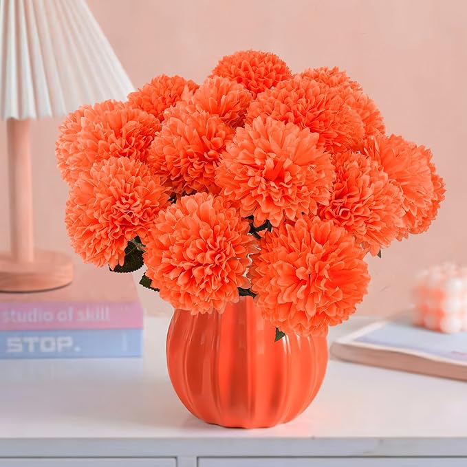 Hananona 12 Pcs Artificial Chrysanthemums Flowers Marigolds Ball Flower, Orange Fake Mums Silk Fall Flowers for Autumn Dia de Los Muertos Home Decor Day of The Dead Table Centerpiece (12, Orange)