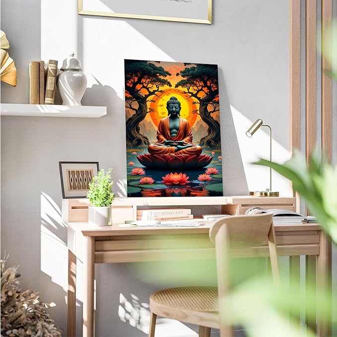 Canvas wall art Golden Buddha on lotus at sunset Ancient trees with reflections on water Serene meditation scene Uplifting wall art for mindfulness and tranquil home decor 20x30in Frameless