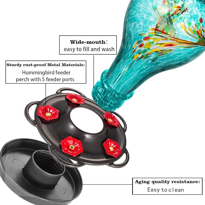 LUJII Hummingbird Feeder, Hand Blown Glass Hummingbird Feeder, Never Fade, 36 Fluid Ounces, 5 Feeding Metal Stations, Much Bigger, Garden Backyard Decorative, Containing Ant Moat (Blue)