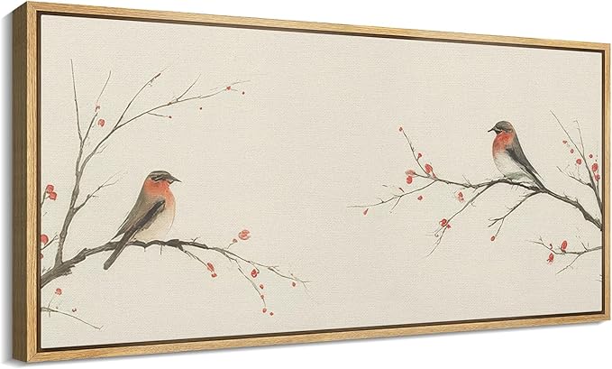SIGNFORD Extra Large Framed Canvas Print Wall Art Minimalist Birds on Branches with Red Berries Illustrations Modern Art Relax/Calm Warm for Living Room, Bedroom, Office - 60"x30"