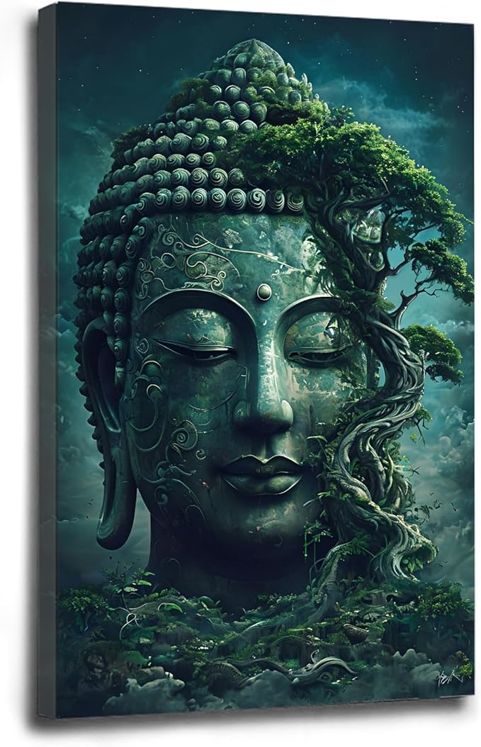 Buddha statue wall art canvas wall decor aesthetic picture mystical nature art for tranquil home and spiritual space 28x40in Wood Framed