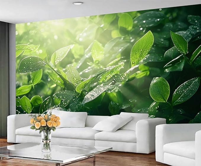 Dewdrops Green Leaf Wall Mural, Botanical Forest Sunlight 3D Wall Murals, Refreshing Nature Wallpaper Mural, for Living Room Bedroom Large Wallpaper Indoor Decor 59" W x39.4 H