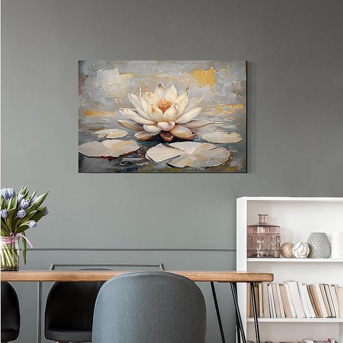 Ethereal white lotus floating on Crystal Waters poster vintage oil painting printwall art soft blush and gold accents serene home and office decor dreamy 20x30in Wood Framed