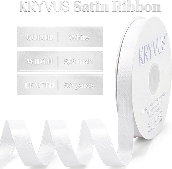 White Satin Ribbon, Double Faced 5/8 Inch X 50 Yards White Ribbon, Premium Satin Ribbon for Gift Wrapping, Crafts, Hair Bow Making, Sewing, Flower Bouquet, Wedding Party Decor