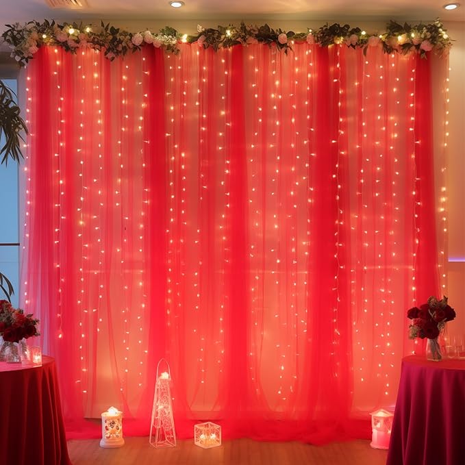 30ft x 10ft Red Backdrop Curtain with Lights String for Parties, Sheer Tulle Wedding Photo Backdrops Drapes for Baby Shower Birthday Party Decorations Background for Photography