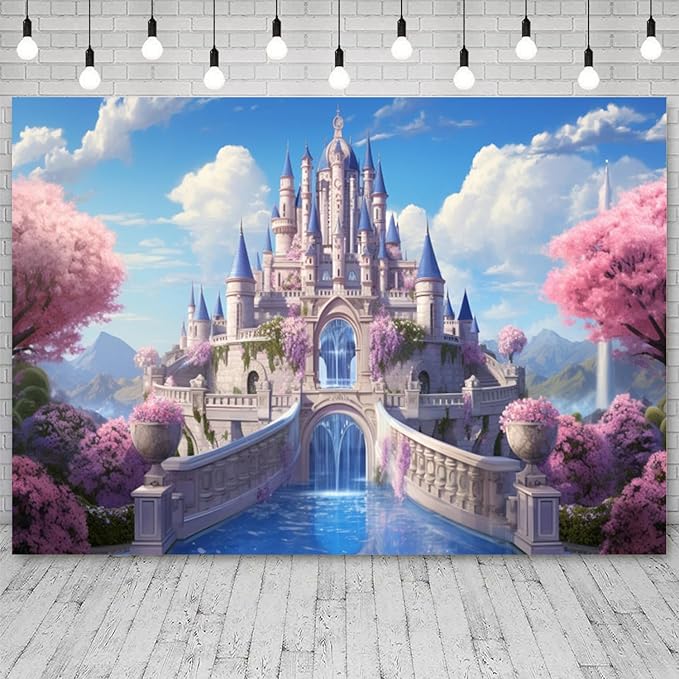 12x10ft Princess Castle Backdrop Pink Floral Blue Sky Photography Background White Cloud Forest Mountain Girls Birthday Baby Shower Banner Decorations Wedding Party Portrait Photo Booth Prop