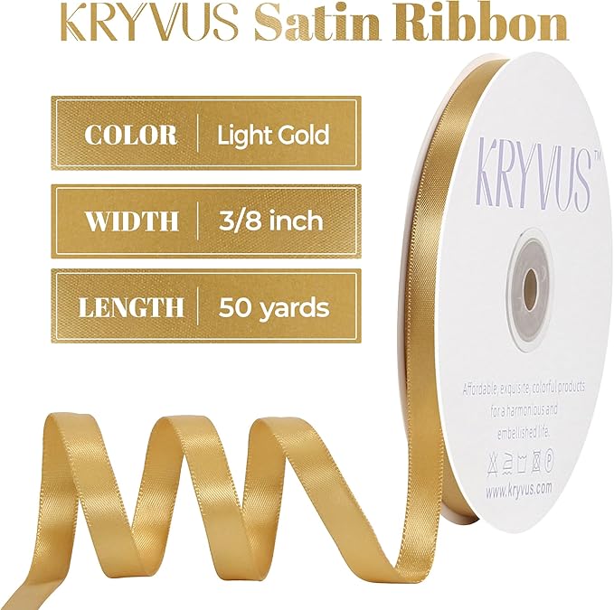 Light Gold Satin Ribbon, Double Faced 3/8 Inch X 50 Yards Light Gold Ribbon, Premium Satin Ribbon for Gift Wrapping, Crafts, Hair Bow Making, Sewing, Flower Bouquet, Wedding Party Decor