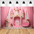 10x6.5ft Pink Princess Castle Backdrop Curtain Window Door Room Interior Background for Photography Sofa Flowers Vases Banner Decorations Girl Kids Birthday Baby Shower Party Photo Booth Props