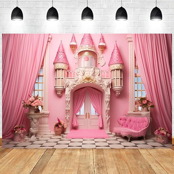 10x6.5ft Pink Princess Castle Backdrop Curtain Window Door Room Interior Background for Photography Sofa Flowers Vases Banner Decorations Girl Kids Birthday Baby Shower Party Photo Booth Props