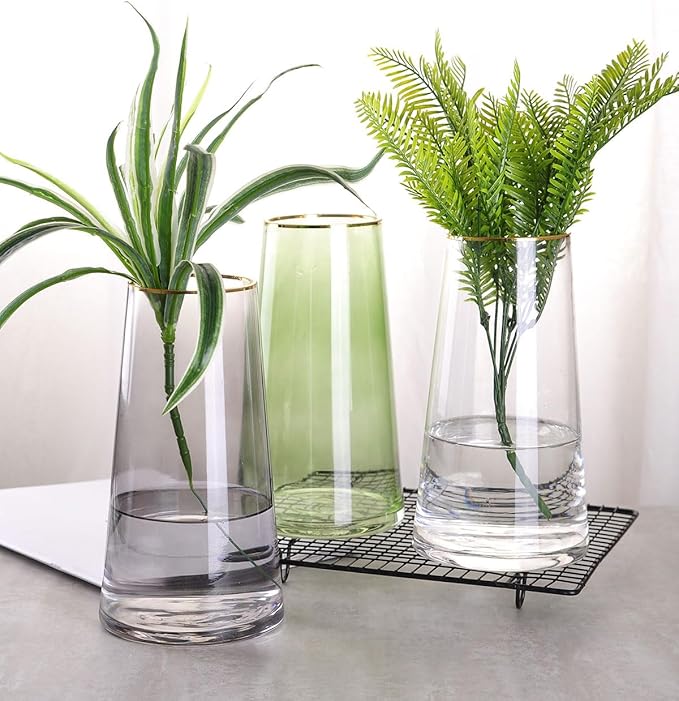 WHJY 9 inch Green Clear Glass Vase for Table Centerpieces Home Décor, Flower vase Modern Glass Bottles Decorative-Green