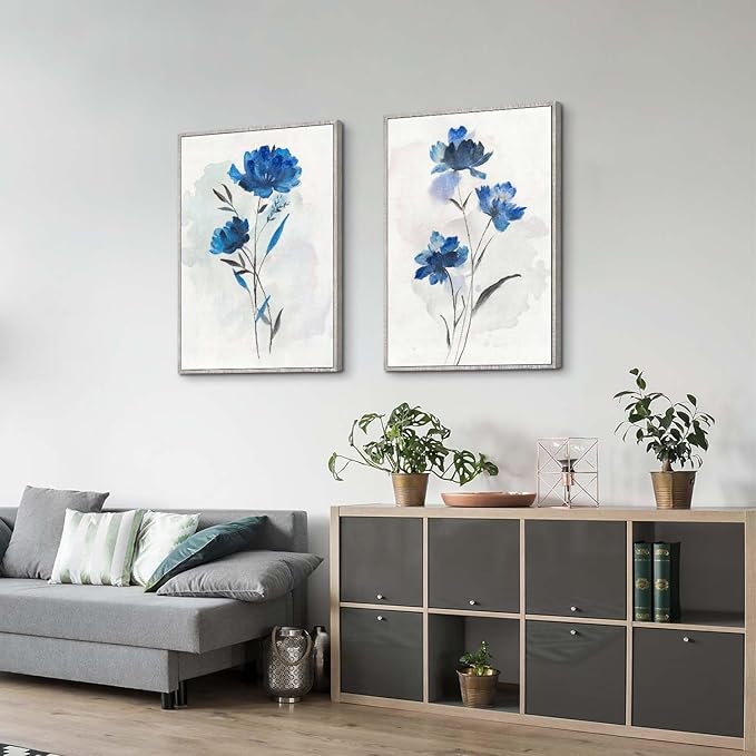 Flower Canvas Framed Wall Art: 2 Pieces Navy Blue Floral Prints Artwork Vintage Wildflower Bouquet Botanical Abstract Picture Painting for Living Room Bathroom Home Office
