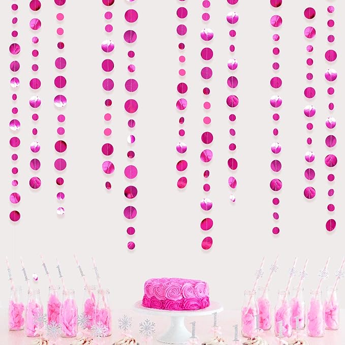 Hot Pink Party Decorations Circle Dots Garland Metallic Rose Pink Hanging Paper Polka Dots Streamer for Bachelorette Birthday Engagement Wedding Bridal Shower Anniversary Baby Shower Party Supplies