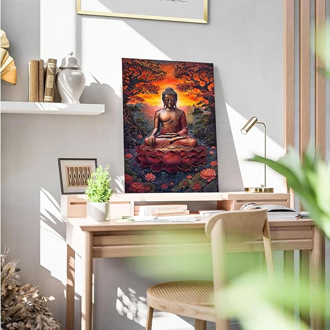Golden Buddha on lotus seat serene meditation statue amidst lush trees flowing water and sunrise light spiritual home art for a tranquil decor 12x18in Frameless
