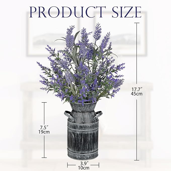 Artificial Lavender Flowers with Rustic Metal Vase 17 Inch Faux Lavender Plant Arrangement in Galvanized Planter Vintage Farmhouse Floral Decor for Home Office Kitchen Decor Wedding Table Centerpiece
