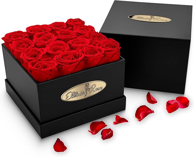 The Eternity Rose 16-Piece Preserved Roses in a Luxury Gift Box – Real Roses in Square Black Box – A Valentine’s Gift as Everlasting as Your Love