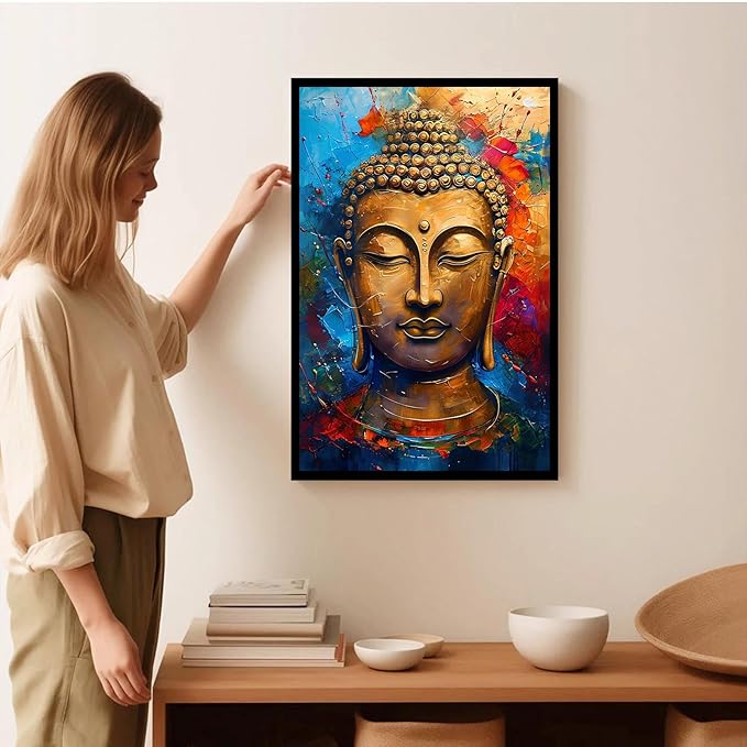 Golden Serenity Buddha Vintage Painting Wall Art Spirituality and Modern Art Wall Decor Adds Brilliance to Vibrant Home Decor 20x30in Metal blackFramed