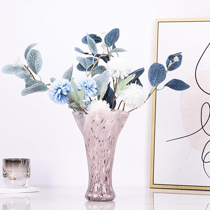 9.0" H Pink Glass Vases for Flowers, Unique Hand Blown Glass Vase Pink Home Decor, Wide Mouth Colorful Flower Vase Centerpieces, for Living Room Table Bookshelf, Bathroom Office Shelf Decorative
