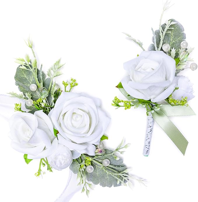 Fnize White Wrist Corsage and Boutonniere Set for Bride Groom Bridesmaids Groomsmen Wedding Homecoming Flowers Prom Suit Accessories, Rose Boutonniere and Corsage Wristlet Flower