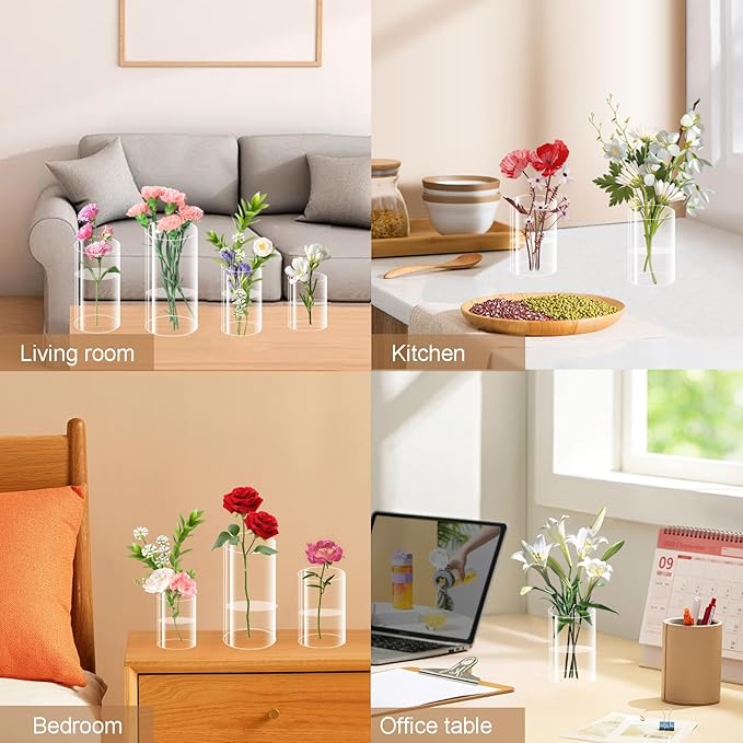 12 Pack Plastic Cylinder Vases, 4 6 8 10 Inch Tall Acrylic Cylinder Clear Flower Vase Set Bulk Glass Like Large Round Plastic Vases for Centerpiece Wedding Home Office (12)