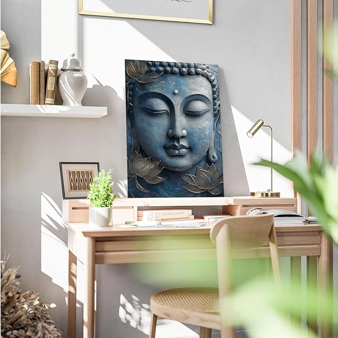 Canvas wall art Golden lotus crown Serene Buddha poster Ethereal blue toned art with delicate floral decor Zen wall art for a tranquil meditation space 12x18in Wood Framed