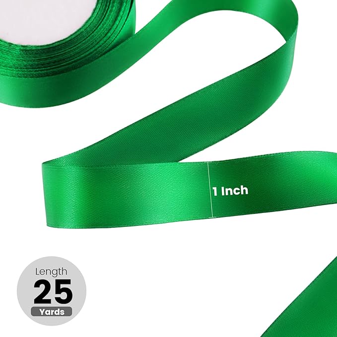1" x 25 Yards Satin Ribbon, Green Silk Ribbon Ideal for Gift Wrapping, Floral Bouquets, Crafts, Wedding Party Decorations, Christmas and Sewing Projects
