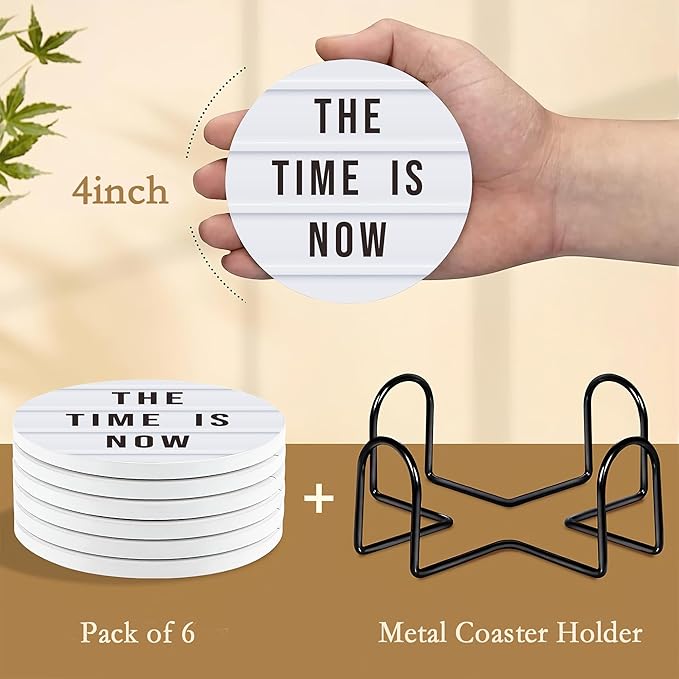 Coasters Set with Holder, 6 Pcs Motivation Quote Absorbent Ceramic Drink Pads, Non-Slip Table Protectors for Coffee & Glasses