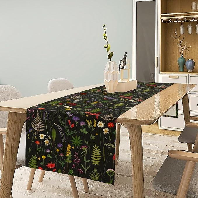 Rustic Field Table Runner, Vintage Farmhouse Natural Forest Wildflowers Plants Herb Print Kitchen Dining Table Decor Seasonal Home Decoration Indoor Outdoor Party, 13x90inch