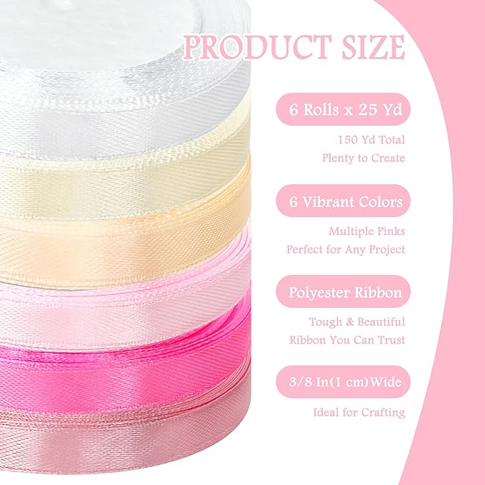 3/8" 6 Colors X 25 Yards Pink/Hot Pink Satin Ribbon,150 Yards Assorted Colors Satin Ribbons for Flower Bouquet,Ribbons for Gift Wrapping Happy Birthday Party Decorations