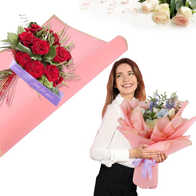 YIDATIKER 20 sheet Flower Wrapping Paper,waterproof floral wrapping paper for bouquets,DIY Florist Supplies Packaging Paper with satin ribbon for Wedding,Birthday,Valentine's Day（Rose Pink