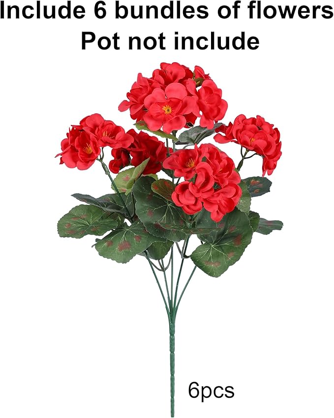 Artificial Geraniums Fake Flowers for Outdoors Decoration, 6 Bundles Silk Geraniums Flower UV Resistant Look Real Faux Plants for Front Door Garden Porch Planter Patio Balcony Yard Indoor Home, Mix